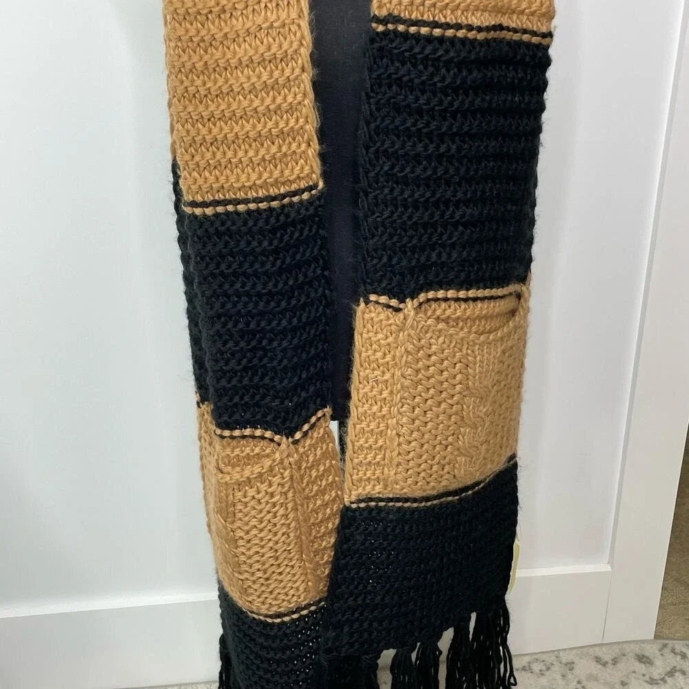 OVersized Scarf Black Brown Tan Chunky Knit Pockets Fringe NEW Cozy Gift Warm